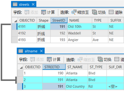 具有用于将表链接在一起的 StreetID 的街道的主表和备用名称表
