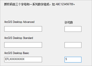ArcGIS Desktop Basic 的五个浮动版许可的授权码
