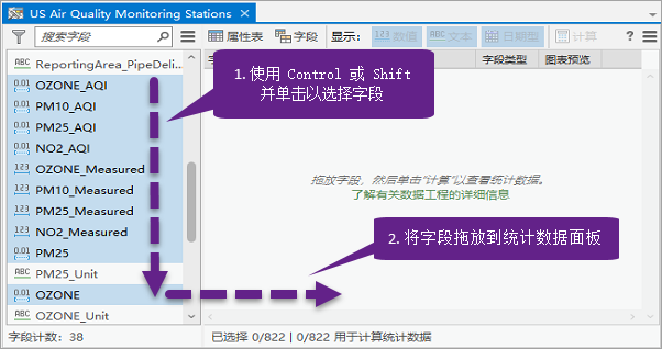 选择字段并将其拖动到统计数据面板