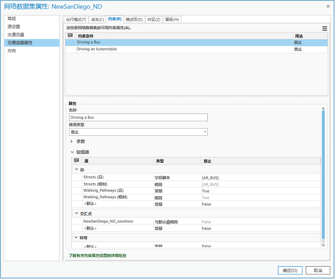 网络数据集属性中的约束条件页面，其中显示了“Driving a Bus”约束条件