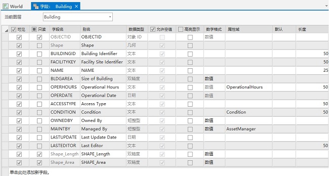 Campus Editing 数据模型中 Building 图层的字段视图