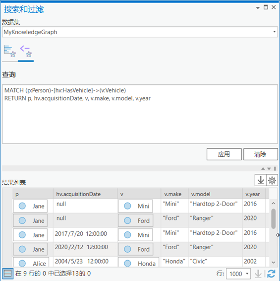 在“搜索和过滤”窗格中查询知识图谱的内容。