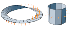 莫比乌斯带和圆柱上的双侧光照和法线的示例。
