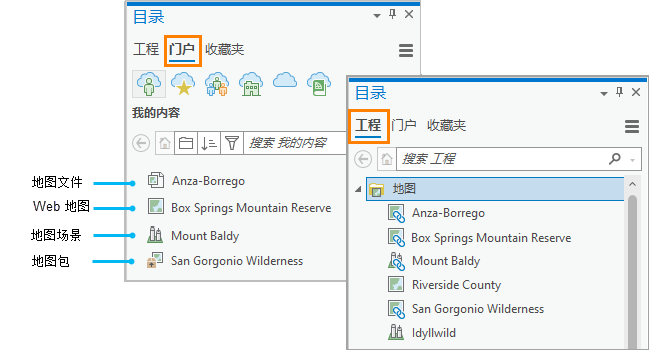 “目录”窗格显示了“门户”选项卡上的门户项目和“工程”选项卡上的相应地图