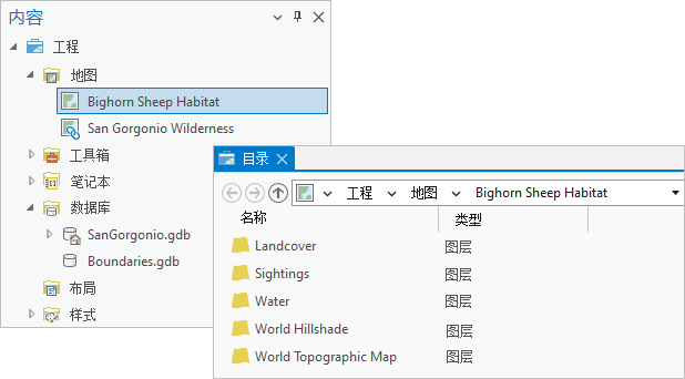 “目录”视图和关联的“内容”窗格