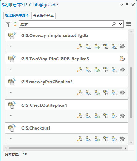 “管理复本”窗格显示了地理数据库复本