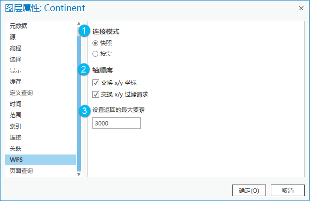 如连接模式、轴顺序或返回的最大要素数量等 WFS 图层属性。