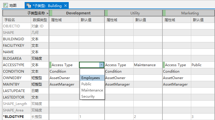 为 Buildings 图层的 ACCESSTYPE 字段分配 Development 子类型的默认值 Employees