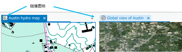 如此处所示，视图链接指示图标重叠在地图视图类型上，显示链符号。