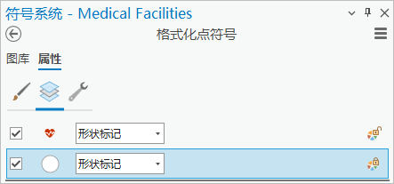 “符号系统”窗格的“图层”选项卡,其中包含医院符号的符号图层 “符号系统”窗格的“图层”选项卡,其中包含医院符号的符号图层