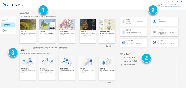 ArcGIS Pro 开始页面的“学习资源”选项卡 ArcGIS Pro 开始页面的“学习资源”选项卡