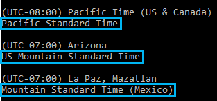 Windows tzutil 命令输出的屏幕截图 Windows tzutil 命令输出的屏幕截图