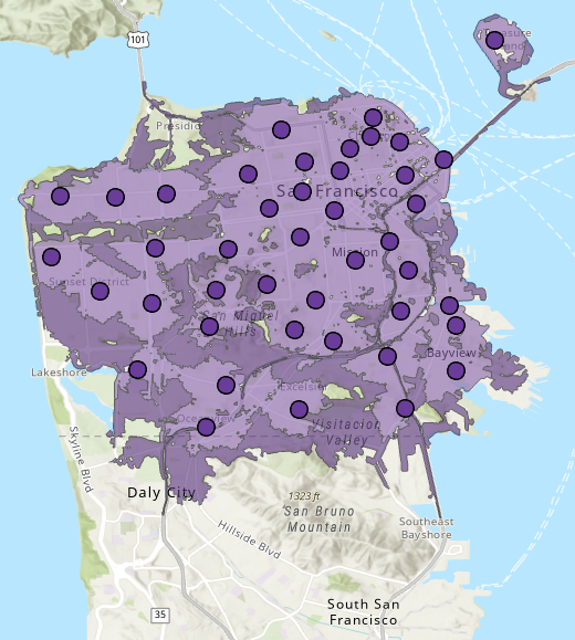 距离任意消防站两到四分钟路程内的区域 距离任意消防站两到四分钟路程内的区域