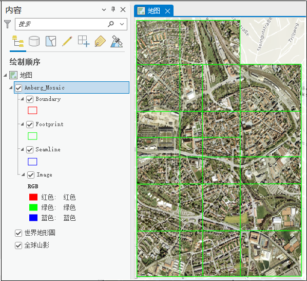 镶嵌数据集在地图中并在“内容”窗格中列出。 镶嵌数据集在地图中并在“内容”窗格中列出。