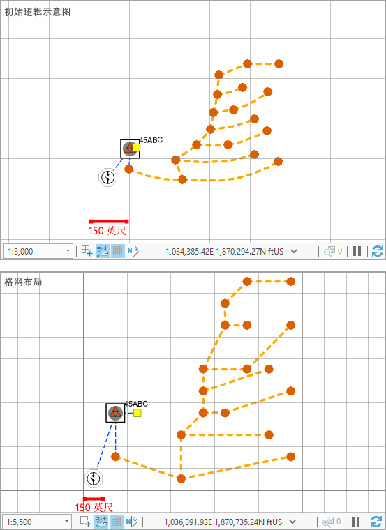 应用格网布局之前和之后的示例逻辑示意图 应用格网布局之前和之后的示例逻辑示意图