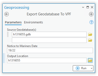 Geoprocessing pane for Export Geodatabase To VPF tool Geoprocessing pane for Export Geodatabase To VPF tool