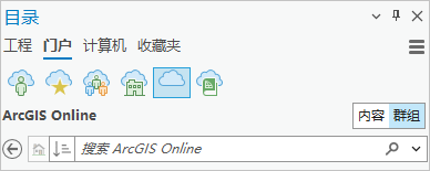 “目录”窗格中已选中 ArcGIS Online 和“群组”的“门户”选项卡 “目录”窗格中已选中 ArcGIS Online 和“群组”的“门户”选项卡