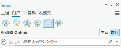 “目录”窗格中已选中 ArcGIS Online 和“群组”的“门户”选项卡