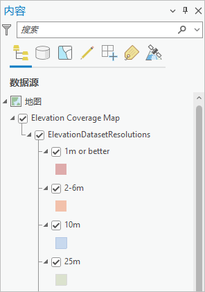 已展开 Elevation Coverage Map 图层的“内容”窗格