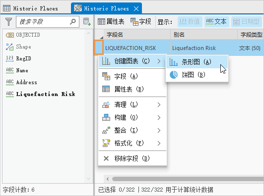 “数据工程”视图显示了 LIQUEFACTION_RISK 字段的下拉选项