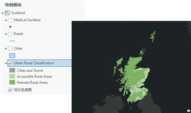 显示 Urban Rural Classification 图层的内容窗格和地图