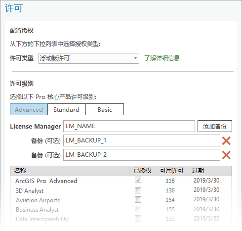 许可类型设置为浮动版许可的许可对话框