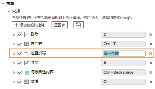 “键盘快捷键”对话框中的“检查拼写”命令