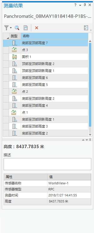 “测量结果”窗格列出了测量的影像对象