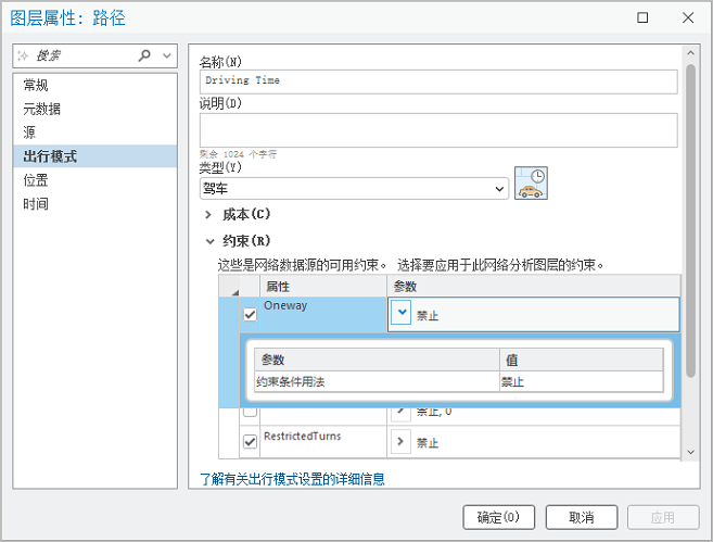 在“图层属性”对话框中更改“出行模式”参数值