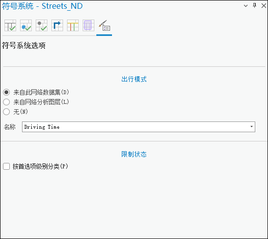 选择出行模式源为网络数据集或网络分析图层和约束条件状态首选项级别。