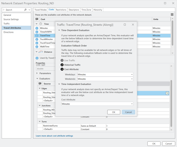 网络数据集属性：交通：TravelTime 的 Routing_ND 对话框