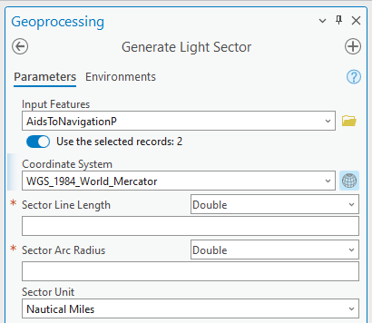 Generate Light Sector tool interface with Use the selected records turned on